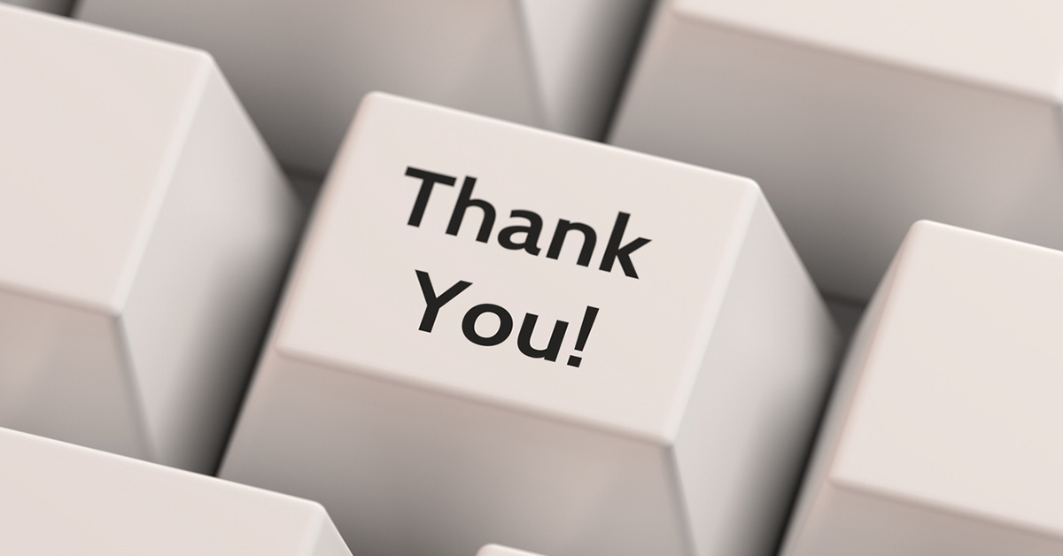 上部にThank you!と文字が描かれたパソコンのキーの画像