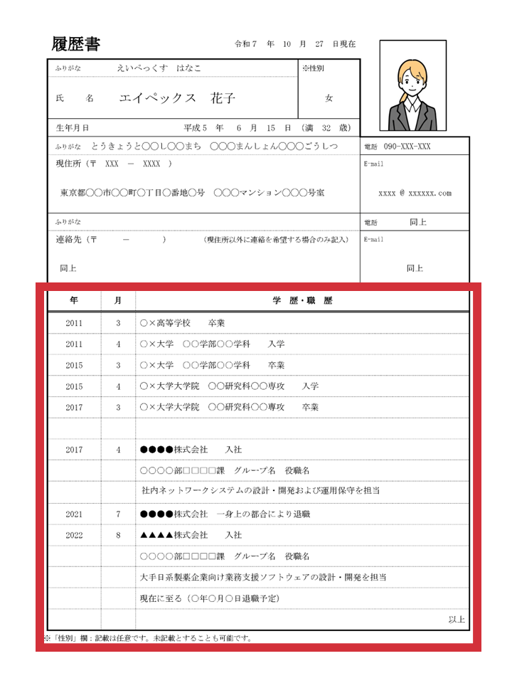 履歴書学歴・職歴欄見本