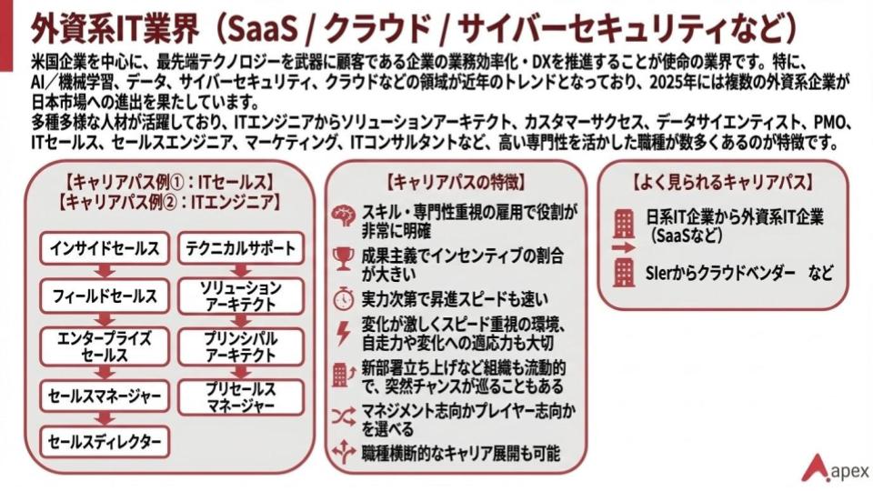 外資系IT業界におけるITセールスとエンジニア職のキャリアパスおよび特徴をまとめたインフォグラフィック