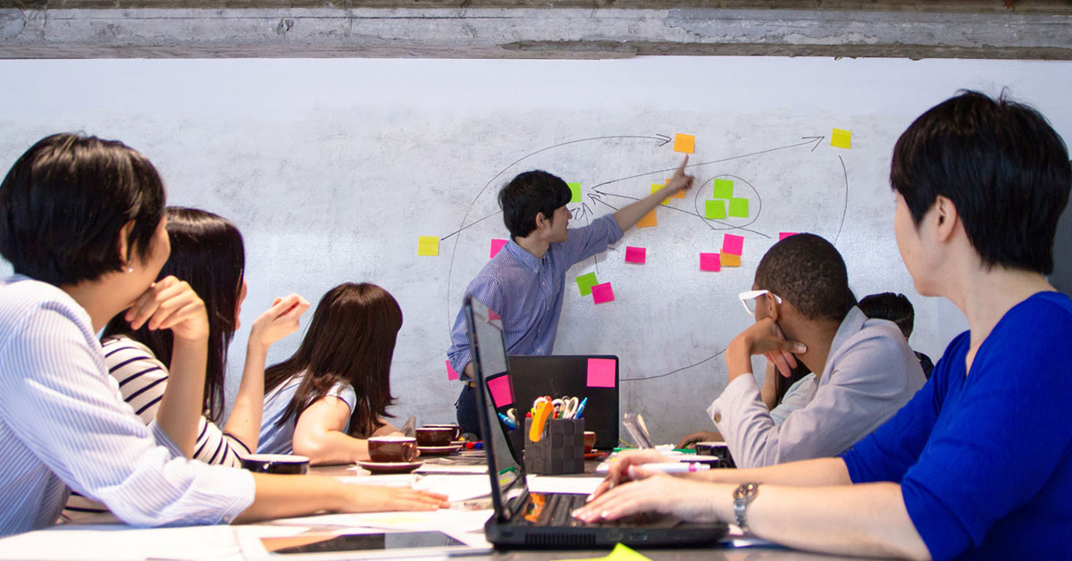 スタートアップ企業の会議室で、社員たちがホワイトボードと付箋を使ってブレインストーミングする様子。