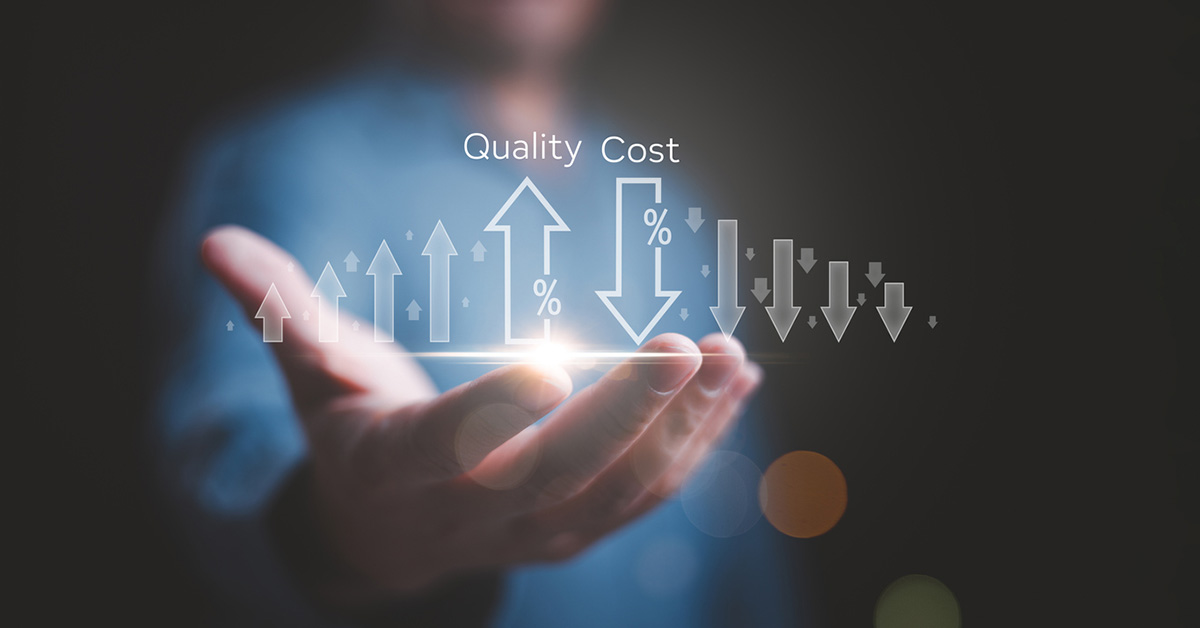 An image of arrows showing cost reduction and quality improvement