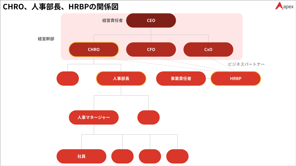 CHRO・人事部長・HRBPの関係性と組織構造を示した経営・人事組織図