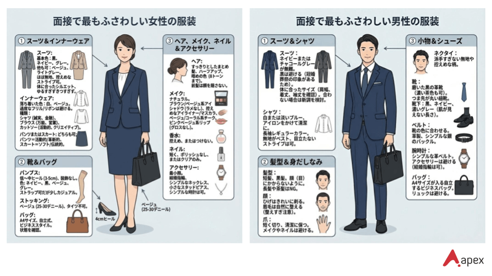 面接で最もふさわしい服装の基本マナーを示した男女別のスーツ・身だしなみ例