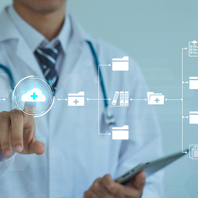 Doctor Touching Virtual Screens To Access Medical Big Data Bases And Documents